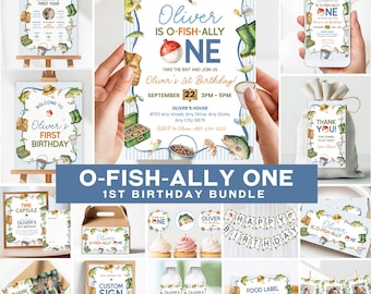 Ofishally One Birthday Bundle, Fishing 1st Birthday Decor, Editable Canva Template, Instant Download