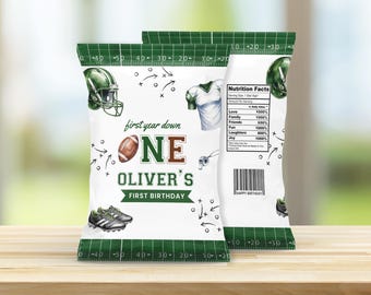 Football Chip Bag Label, First Year Down Chip Bag Wrapper, Football Party Favor, Football Birthday Theme Favor, Digital Download, Canva