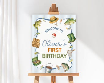 Ofishally One Welcome Sign, Fishing 1st Birthday Party Sign, Fish Theme Decor, Editable Canva Template