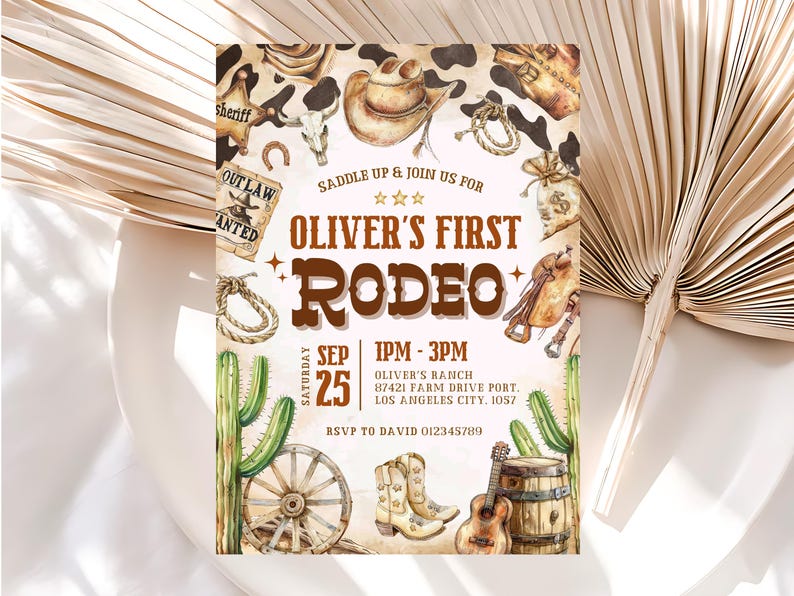 Editable First Rodeo Birthday Invitation, Rodeo 1st Birthday Invitation, Wild West Birthday Invite, Cowboy Birthday Invitation, Canva image 1