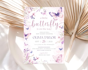 Editable Butterfly Baby Shower Invitation, Pink and Purple Butterfly Invitation, A Little Butterfly Is On The Way, Girl Butterfly Invitation