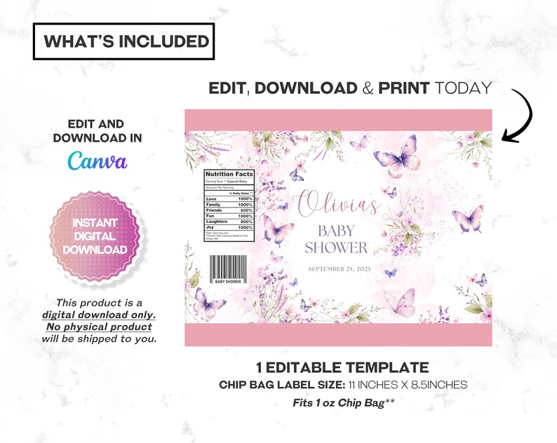 Pink Butterfly Label Editable Butterfly Chip Bag Label, Pink and Purple Butterfly Chip Bag ...