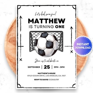 EDITIERBARE Fußball-Geburtstagseinladung, Fußball-Einladung, Minimalistischer Fußball, Sofortiger Download Evite, Fußball-Geburtstags-Einladung, Canva-Vorlage