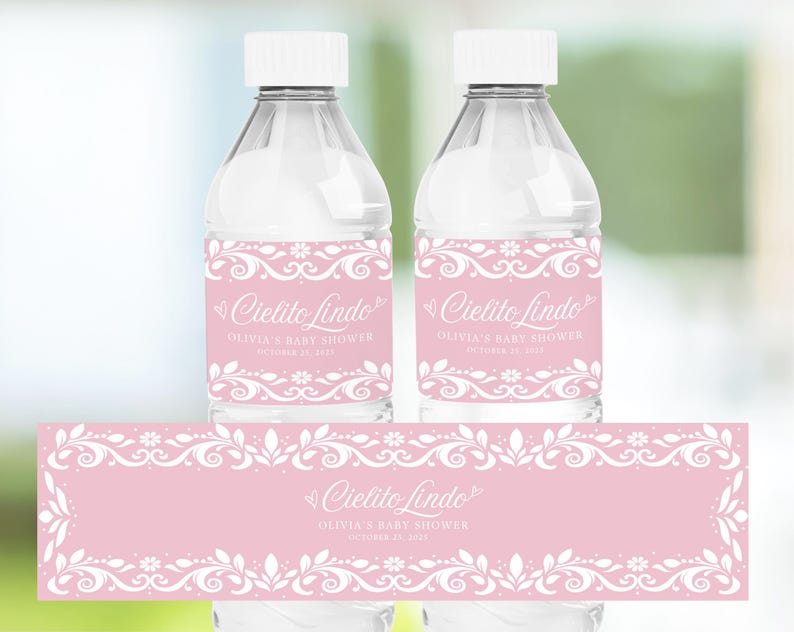 Cielito Lindo Baby Shower Water Bottle Label in pastel pink featuring papel picado and Pink Talavera patterns. A festive Mexican-themed party favor for girl baby showers. Editable in Canva, perfect for adding charm to your Cielito Lindo celebration.
