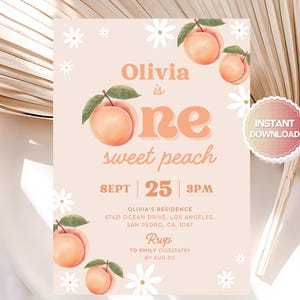 Editable Peach Birthday Invitation, One Sweet Peach Birthday Invitation, Peach First Birthday Invitation, Sweet Peach Birthday Invite, Canva