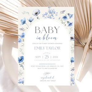 Editable Blue Baby In Bloom Baby Shower Invitation, Boy Baby in Bloom Invitation, Blue Wildflower Invitation, Blue Floral Invite, Canva