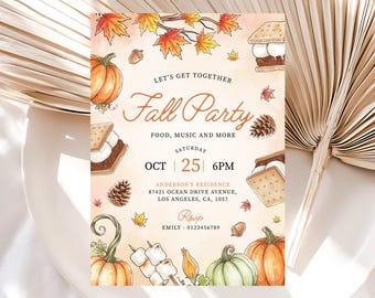 Fall Party Invitation, Autumn Harvest Party Invite, Friendsgiving Invite, Smore's Bonfire Invite, Halloween Fall Invitation, Canva