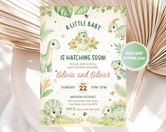 Hatching Soon Baby Shower Invitation, Dinosaur Baby Shower Invite, Editable Canva Template, Couples Shower