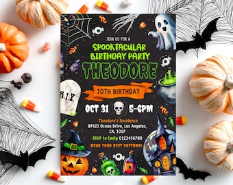 Invitación de cumpleaños de Halloween editable, invitación a fiesta de cumpleaños de Halloween, invitación de cumpleaños de Halloween espeluznante, invitación de cumpleaños de Halloween