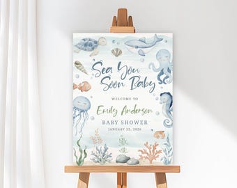 Sea You Soon Welcome Sign, Ocean Baby Shower Decor, Under the Sea, Editable Canva Template