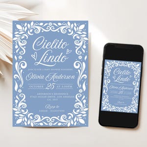 Cielito Lindo Baby Shower Invitation featuring papel picado designs and a Mexican theme. Perfect for a boy baby shower with Blue Talavera patterns and pastel blue accents. A festive and cultural invite for a beautiful and memorable celebration.