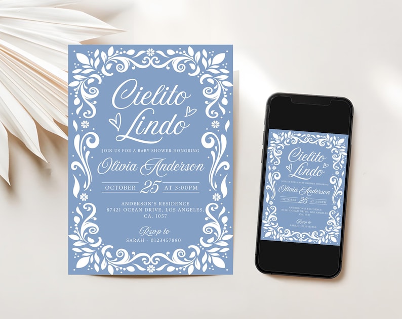 Cielito Lindo Baby Shower Invitation featuring papel picado designs and a Mexican theme. Perfect for a boy baby shower with Blue Talavera patterns and pastel blue accents. A festive and cultural invite for a beautiful and memorable celebration.