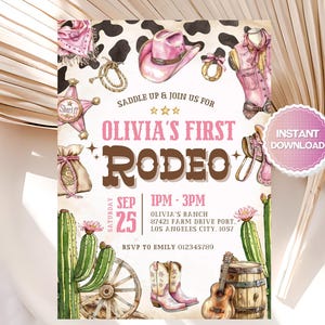 Invito di compleanno modificabile per ragazze a tema rodeo, invito di compleanno per cowgirl, invito di compleanno per ragazze a tema rodeo, invito di compleanno per rodeo rosa