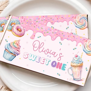 Bearbeitbares Sweet One-Schokoriegel-Wrapper-Etikett, Sweet One-Schokoriegel-Etikett, Sweet One-Gastgeschenke, Sweet Donut-Süßigkeitsbar-Etikett, Canva