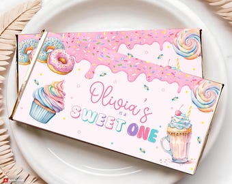Editable Sweet One Chocolate Bar Wrapper Label, Sweet One Chocolate Bar Label, Sweet One Party Favors, Sweet Donut Candy Bar Label , Canva
