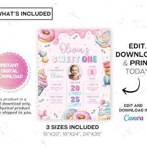 Sweet One milestone sign for a girl’s 1st birthday, featuring donuts, cupcakes, ice cream, and candy. This milestone board sign showcases sweet desserts and adds charm to the decor, making it perfect for a fun and festive sweet celebration.