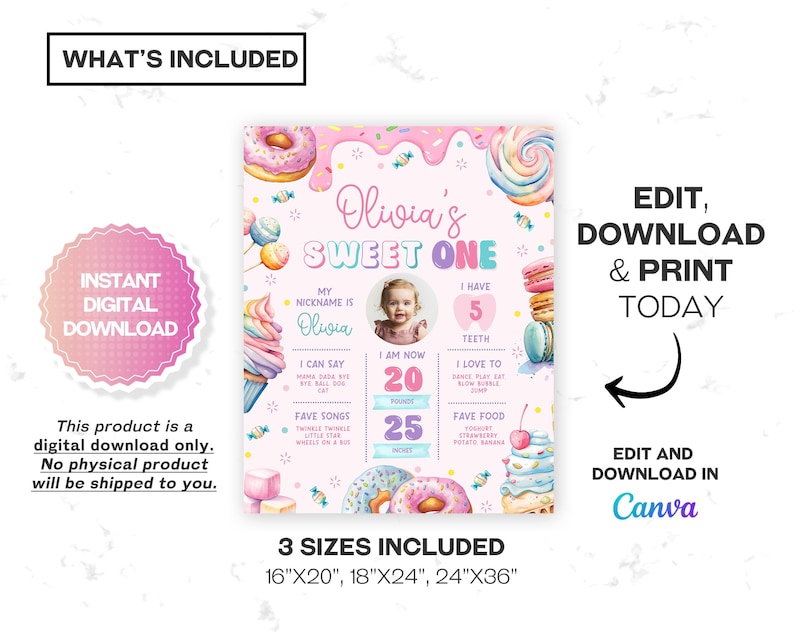 Sweet One milestone sign for a girl’s 1st birthday, featuring donuts, cupcakes, ice cream, and candy. This milestone board sign showcases sweet desserts and adds charm to the decor, making it perfect for a fun and festive sweet celebration.