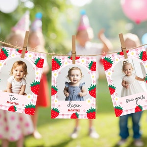 Bewerkbare Berry eerste verjaardag mijlpaalfotokaarten, Berry maandelijkse mijlpaalfotokaarten verjaardag, Berry verjaardag mijlpaal banner, canvas