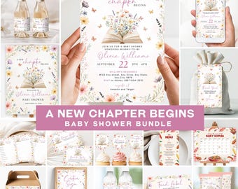 A New Chapter Begins Baby Shower Bundle, Floral Storybook Baby Shower Bundle, Book Theme Party Favor and Decor, Editable Canva Template