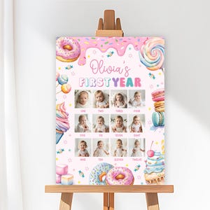 Tablero de fotos de primer cumpleaños editable para un dulce, cartel de collage de fotos para el primer cumpleaños de un dulce, cartel de hito para un dulce, Canva