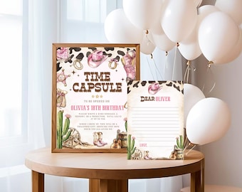 Girl First Rodeo Time Capsule, Cowgirl 1st Birthday Sign & Cards, My First Rodeo, Western Baby Capsule, Canva Editable