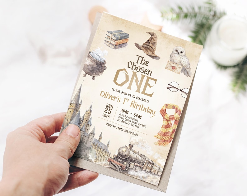 May include: A birthday invitation with a watercolor design featuring a castle, a train, and other magical elements. The text reads "The Chosen One" and invites guests to Oliver's 1st Birthday.