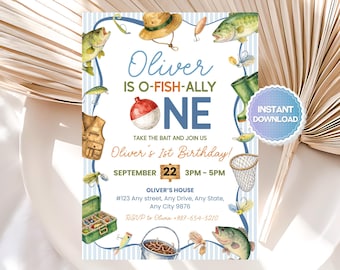 Ofishally One Birthday Invitation, Fishing 1st Birthday Invitation, Editable Canva Template, O-Fish-Ally One Birthday Invitation