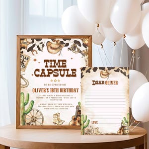 Letrero y tarjeta de carta editables de cápsula del tiempo para el primer rodeo, tarjetas con mensajes para invitados de rodeo, letrero para el primer cumpleaños de rodeo, letrero de cápsula del tiempo de vaquero, Canva