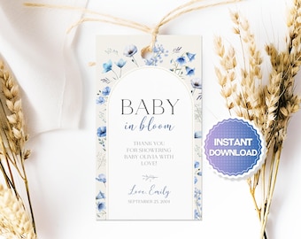 Etiqueta de lembrancinha editável "Bebê em Flor", Etiqueta de lembrancinha com flores silvestres, Etiqueta de lembrancinha azul para chá de bebê "Bebê em Flor", Etiqueta de lembrancinha floral azul, Etiqueta de lembrancinha floral