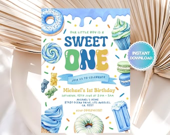 Editable Sweet One Birthday Invitation, Candy Land Birthday Invitation, Sweet One Boy Birthday Invite, Donut Birthday Invitation, SB2