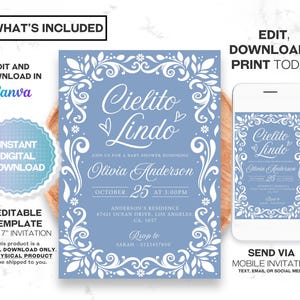 Cielito Lindo Baby Shower Invitation featuring papel picado designs and a Mexican theme. Perfect for a boy baby shower with Blue Talavera patterns and pastel blue accents. A festive and cultural invite for a beautiful and memorable celebration.