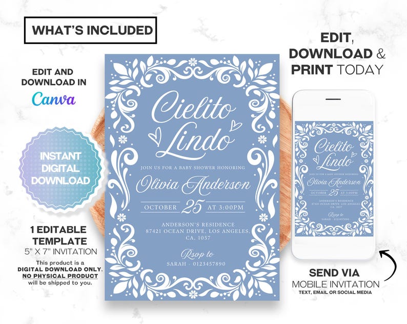 Cielito Lindo Baby Shower Invitation featuring papel picado designs and a Mexican theme. Perfect for a boy baby shower with Blue Talavera patterns and pastel blue accents. A festive and cultural invite for a beautiful and memorable celebration.