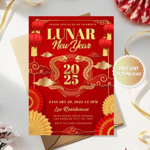 Invitación editable para el Año Nuevo chino, invitación para el Año Nuevo lunar, invitación para el Año de la Serpiente, invitación para la fiesta del Año Nuevo chino 2025, CNY1