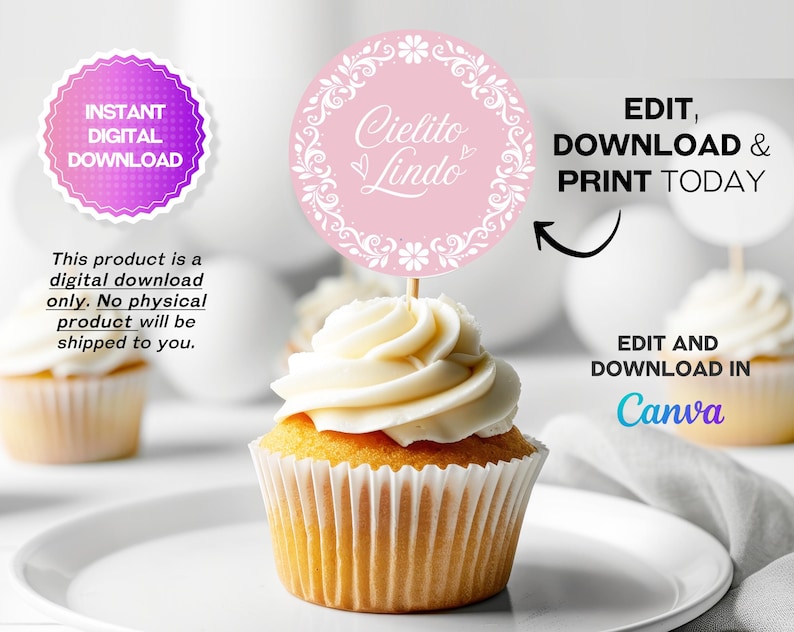 Pink Cielito Lindo Baby Shower Cupcake Topper features pastel pink Talavera and papel picado designs, perfect for a Mexican-themed girl baby shower. This printable topper adds a festive touch to your Cielito Lindo baby shower party decor and makes a charming cielito lindo party favor.