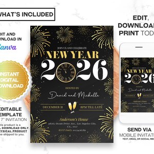 New Year's Party Invitation featuring gold elegant designs with fireworks, champagne and a clock. This NYE party invite sets the tone for a festive celebration, perfect for the New Year countdown and welcoming 2026.