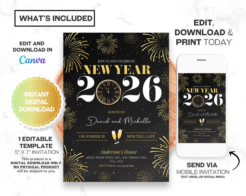 New Year's Party Invitation featuring gold elegant designs with fireworks, champagne and a clock. This NYE party invite sets the tone for a festive celebration, perfect for the New Year countdown and welcoming 2026.