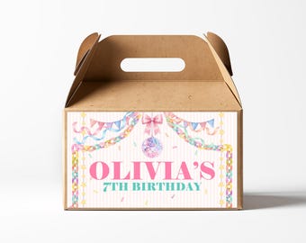 Pastel Pink Birthday Gable Box Label, Whimsical Disco Garland Party Favor, Editable Canva Template