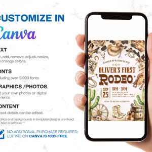 May include: A digital invitation for a child's first rodeo party. The invitation features a watercolor illustration of a cowboy hat, boots, a saddle, and a lasso. The text on the invitation reads "Oliver's First Rodeo" and includes the date, time, and location of the event.
