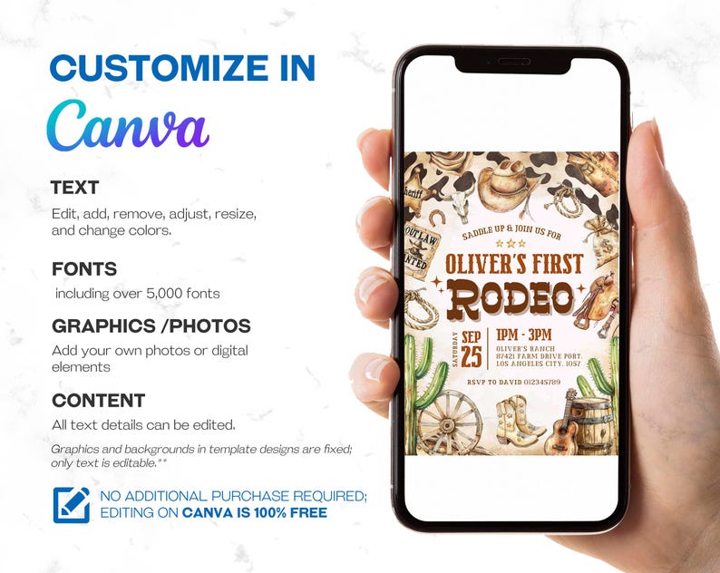 May include: A digital invitation for a child's first rodeo party. The invitation features a watercolor illustration of a cowboy hat, boots, a saddle, and a lasso. The text on the invitation reads "Oliver's First Rodeo" and includes the date, time, and location of the event.