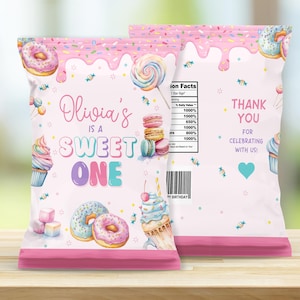 Bearbeitbares Sweet One Chip-Beuteletikett, Sweet One Party Chip-Beutelverpackung, Sweet One Crisp Etikett, Sweet One Crisp Party Favors Treat Bag, Canva