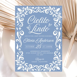 Convite Editável Cielito Lindo, Convite Cielito Lindo para Chá de Bebê, Convite Mexicano para Chá de Bebê, Convite Papel Picado, Talavera Azul