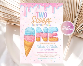 Ice Cream 2nd Birthday Invitation, Two Scoops Are Better Than One Invite, Twin Girl Birthday, Editable Canva Template