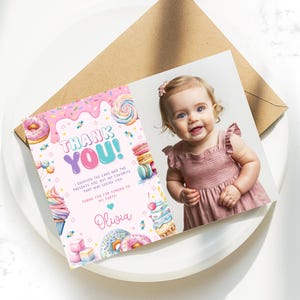 Bewerkbare Sweet One-verjaardagsbedankkaart, donutsnoepbedankkaart met foto, Sweet One bedankje, Sweet One-fotokaart, canvas