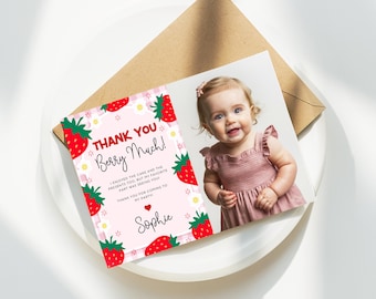 Editable Berry First Thank you Card, Strawberry Thank You Card with Photo, Strawberry 1st Birthday Photo Card, Berry Photo Card, Canva