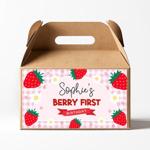 Étiquettes modifiables de boîte à pignon pour le premier anniversaire de petits fruits, étiquette de boîte à pignon aux fraises, étiquette de boîte cadeau petits fruits, étiquette de boîte de faveurs petits fruits, toile