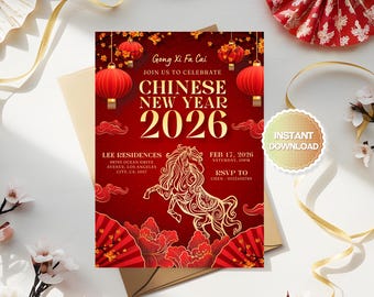 Editable Chinese New Year Invitation, Year of the Horse Invitation, Lunar New Year Invitation, 2026 Chinese New Year Party Invite, Canva