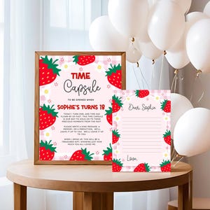 Editable Berry First Birthday Time Capsule Sign and Letter Card, Strawberry Guest Message Cards,  Strawberry 1st Birthday Sign, Canva