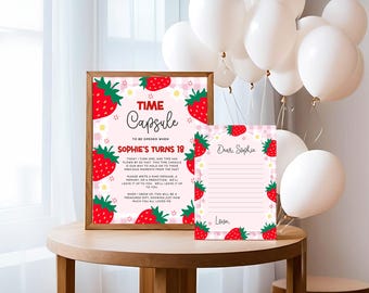 Editable Berry First Birthday Time Capsule Sign and Letter Card, Strawberry Guest Message Cards,  Strawberry 1st Birthday Sign, Canva