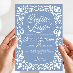 Cielito Lindo Baby Shower Invitation featuring papel picado designs and a Mexican theme. Perfect for a boy baby shower with Blue Talavera patterns and pastel blue accents. A festive and cultural invite for a beautiful and memorable celebration.