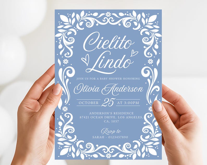 Cielito Lindo Baby Shower Invitation featuring papel picado designs and a Mexican theme. Perfect for a boy baby shower with Blue Talavera patterns and pastel blue accents. A festive and cultural invite for a beautiful and memorable celebration.